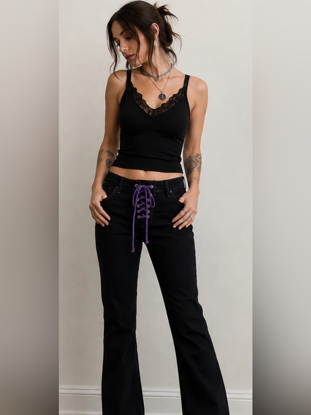 The Grave Girls Dolls Kill lace up embroidered bat jeans XL